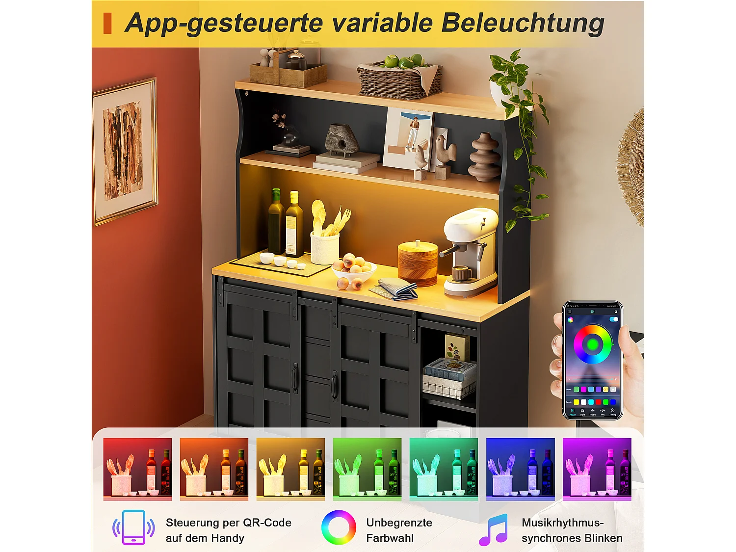 Kitchen sideboard with LED lighting, power outlets, USB ports, wine rack, 4 drawers and 2 sliding doors - MDF - 120x40x150 cm - Black