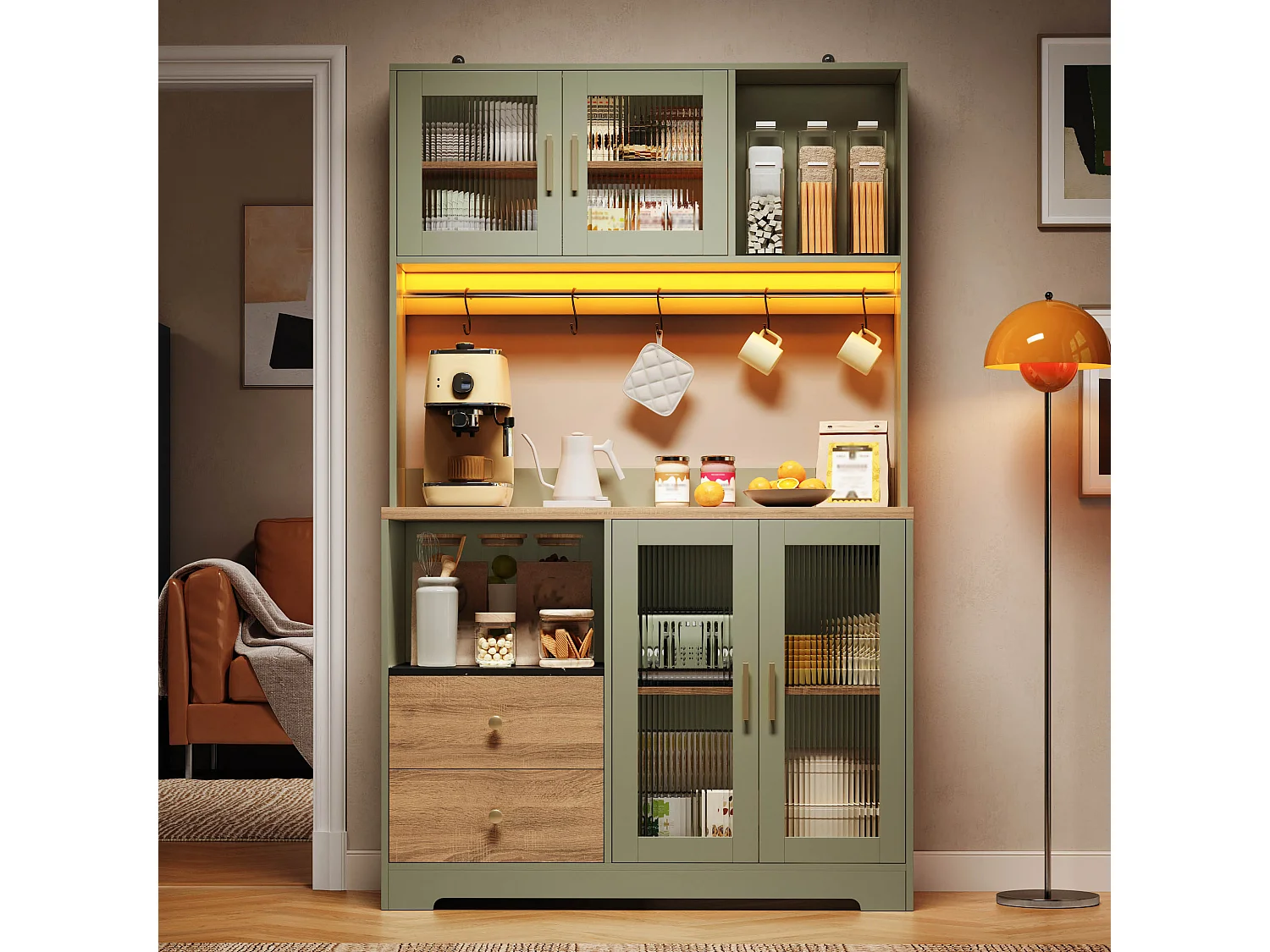 High kitchen sideboard with LED lighting, electrical outlet, 4 doors, wine rack - MDF and glass - 110 x 40 x 178 cm - Green and natural wood