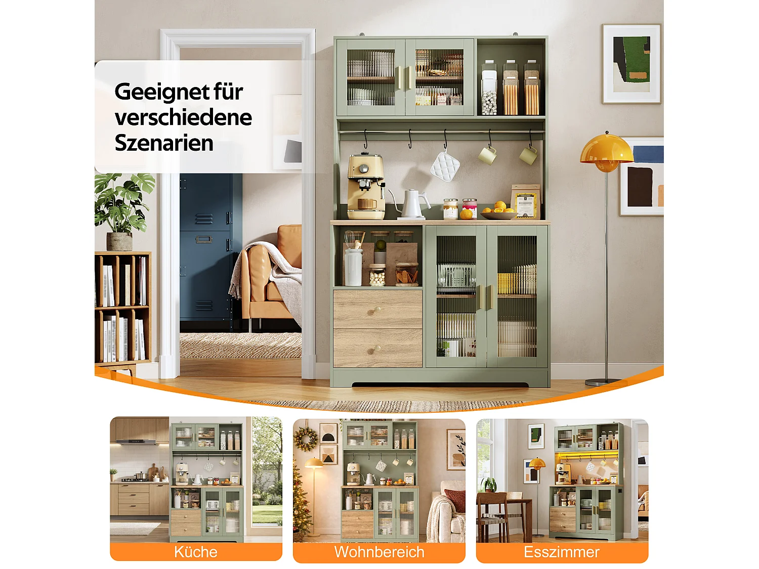 High kitchen sideboard with LED lighting, electrical outlet, 4 doors, wine rack - MDF and glass - 110 x 40 x 178 cm - Green and natural wood