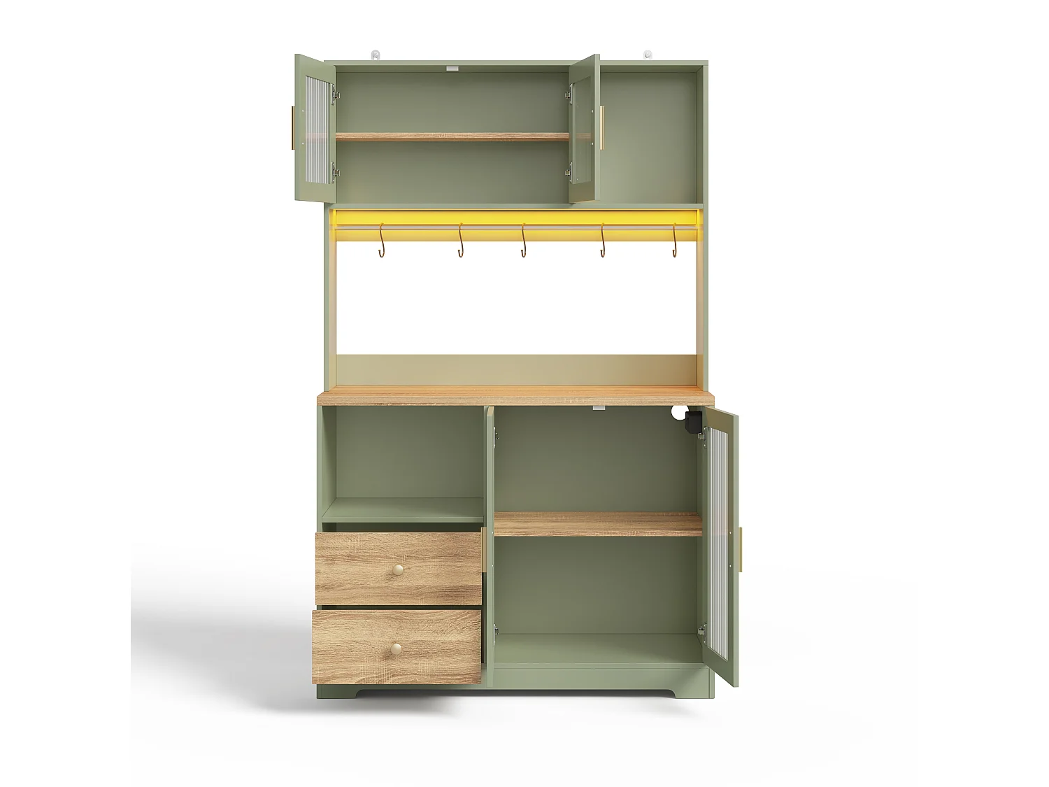 High kitchen sideboard with LED lighting, electrical outlet, 4 doors, wine rack - MDF and glass - 110 x 40 x 178 cm - Green and natural wood