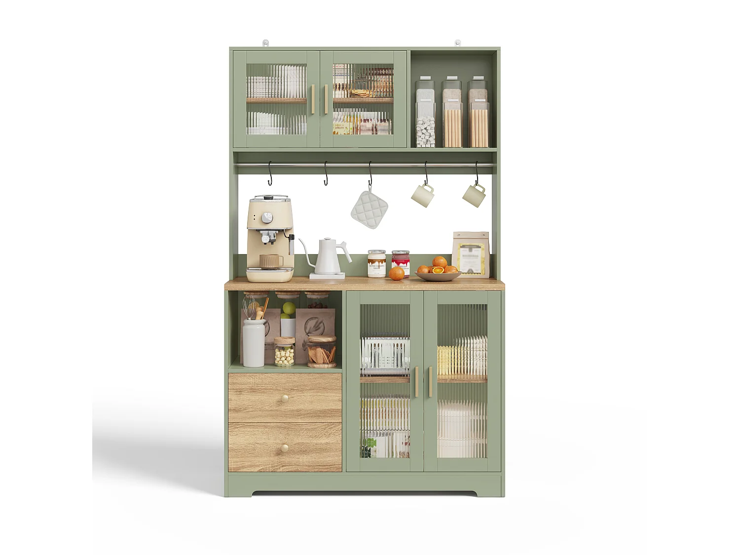 High kitchen sideboard with LED lighting, electrical outlet, 4 doors, wine rack - MDF and glass - 110 x 40 x 178 cm - Green and natural wood