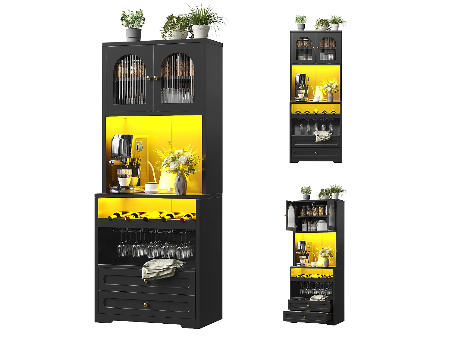 High sideboard with 2 curved glass doors, 2 drawers, LED lighting and wine rack - MDF and metal - 70 × 40 × 180 cm - Black