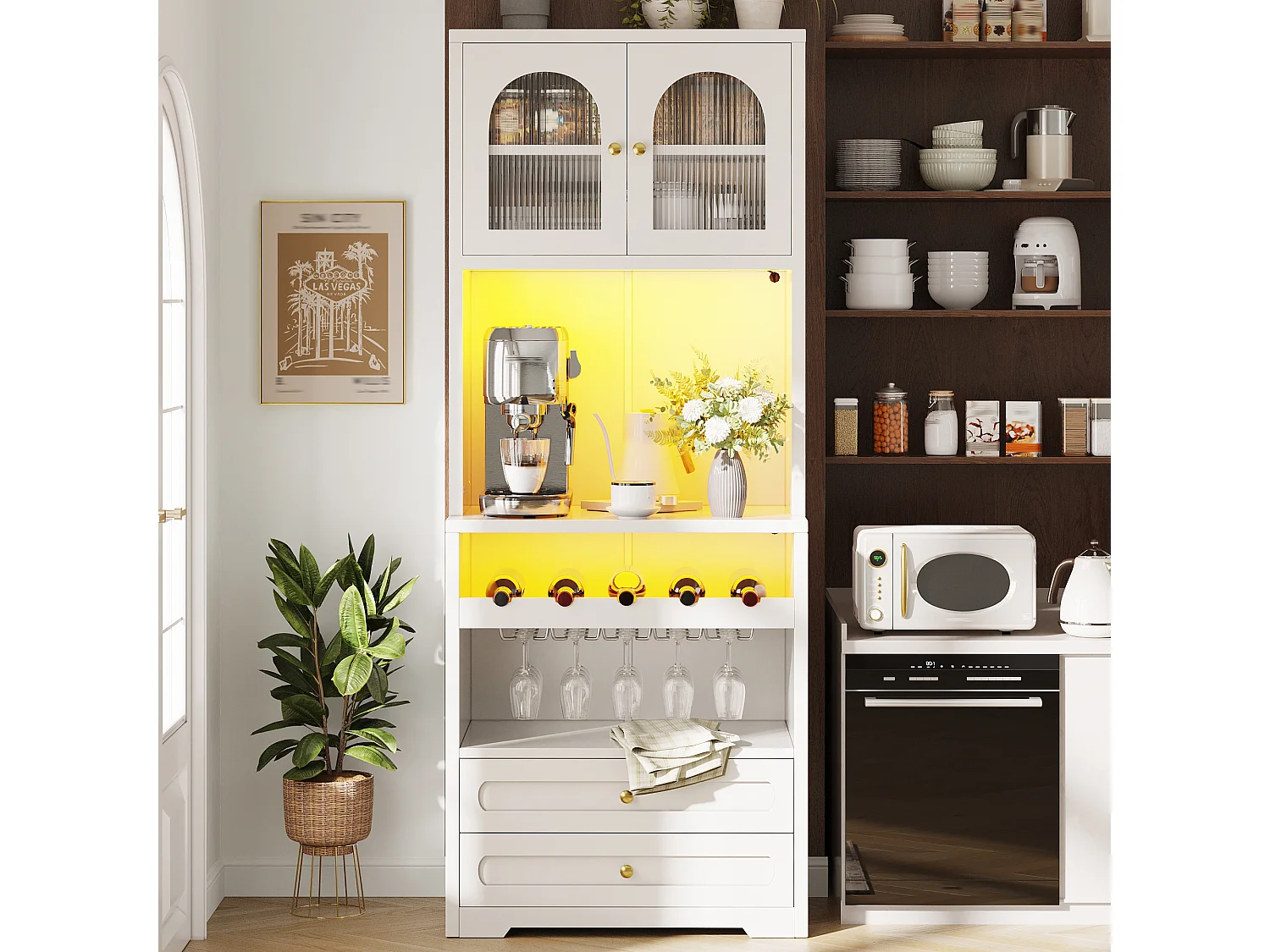 High sideboard with 2 curved glass doors, 2 drawers, LED lighting and wine rack - MDF and metal - 70 × 40 × 180 cm - White