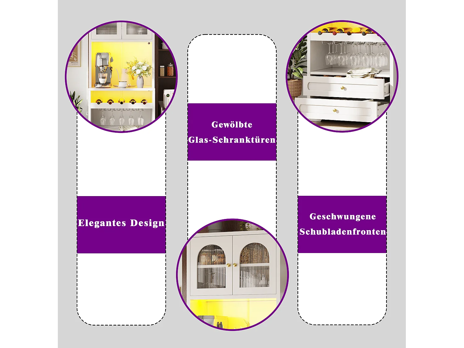 High sideboard with 2 curved glass doors, 2 drawers, LED lighting and wine rack - MDF and metal - 70 × 40 × 180 cm - White