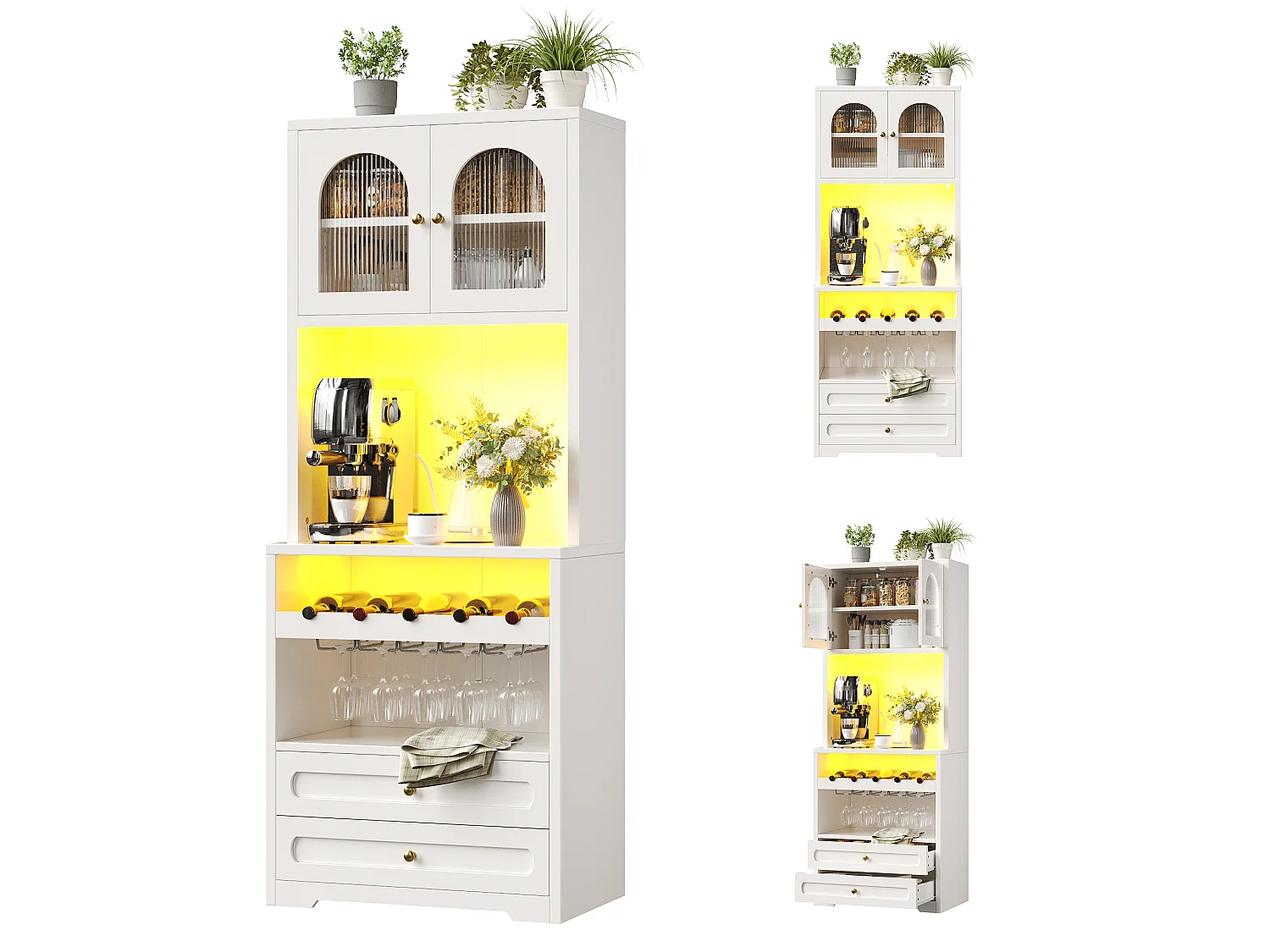 High sideboard with 2 curved glass doors, 2 drawers, LED lighting and wine rack - MDF and metal - 70 × 40 × 180 cm - White