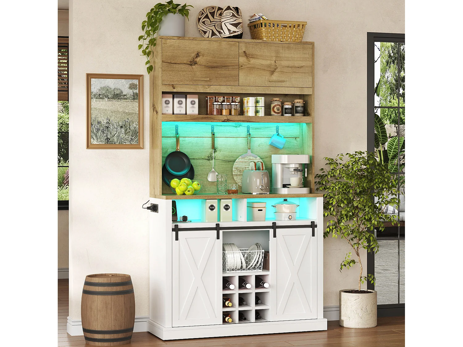 High kitchen sideboard with LED lighting, electrical outlet, wine rack and 4 doors - MDF - 110 x 40 x 191 cm - White and natural wood