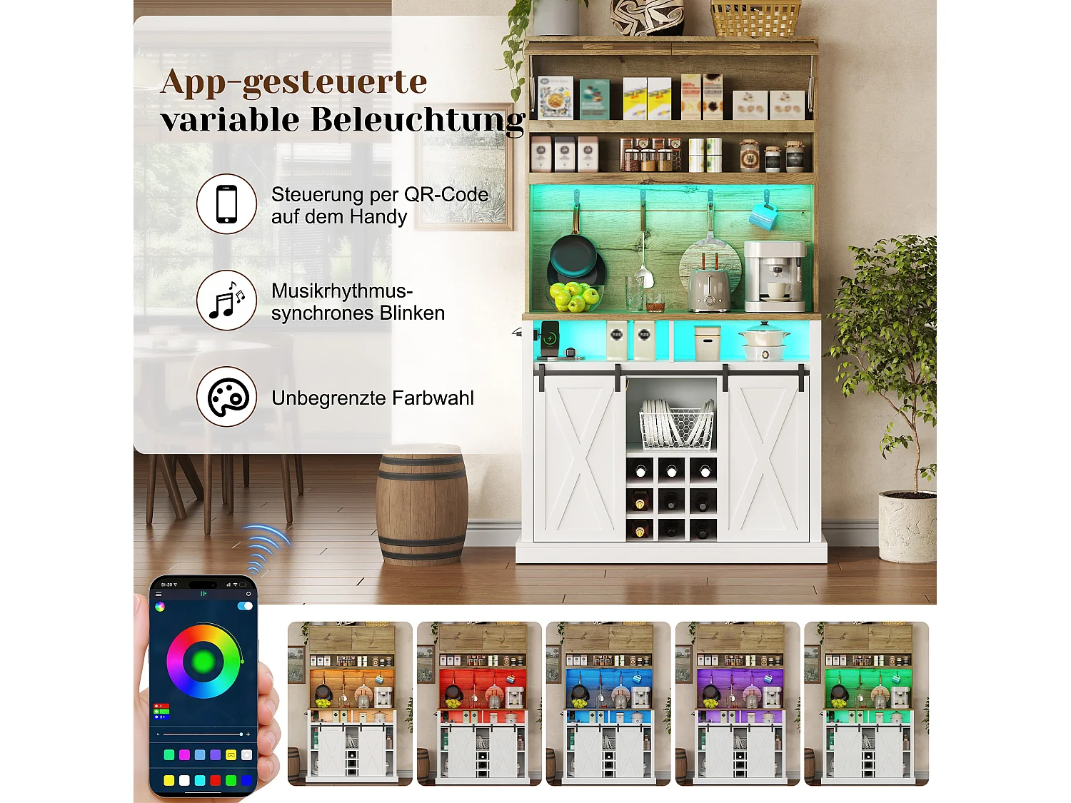 High kitchen sideboard with LED lighting, electrical outlet, wine rack and 4 doors - MDF - 110 x 40 x 191 cm - White and natural wood