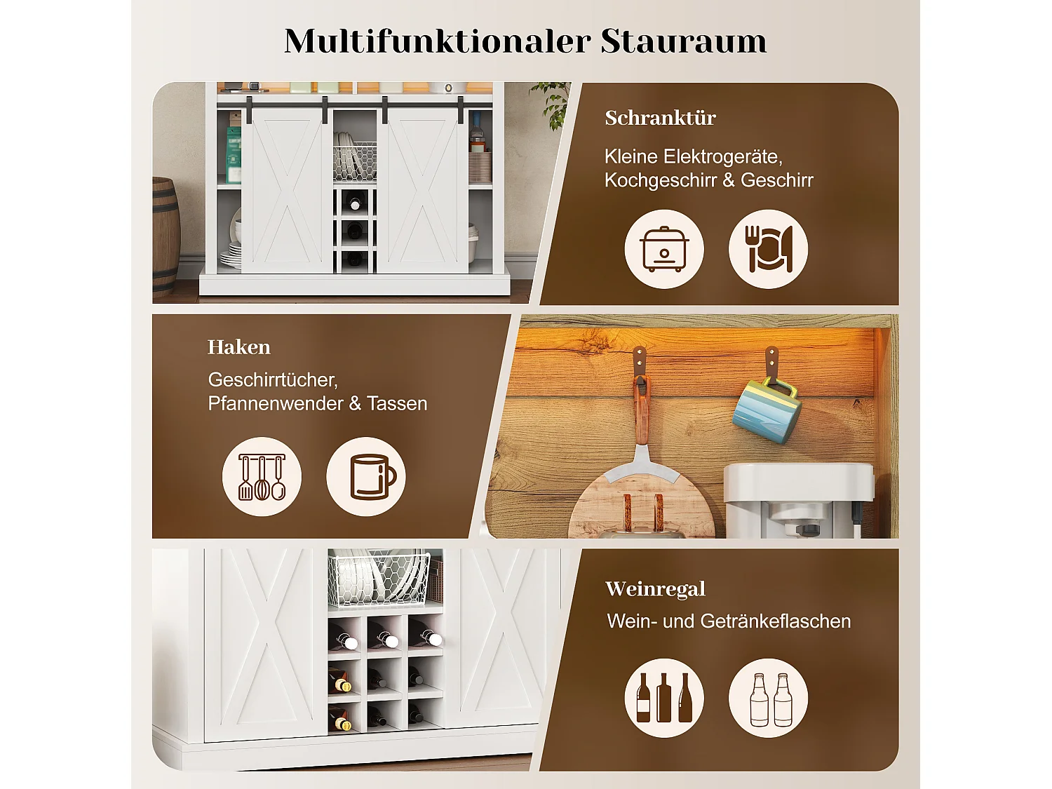 High kitchen sideboard with LED lighting, electrical outlet, wine rack and 4 doors - MDF - 110 x 40 x 191 cm - White and natural wood