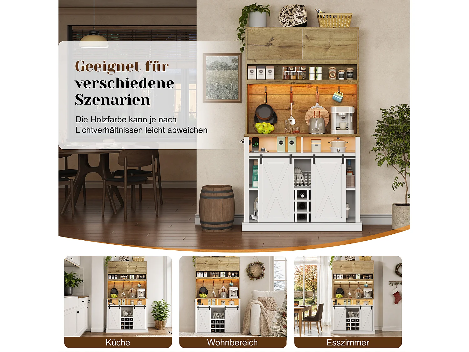 High kitchen sideboard with LED lighting, electrical outlet, wine rack and 4 doors - MDF - 110 x 40 x 191 cm - White and natural wood
