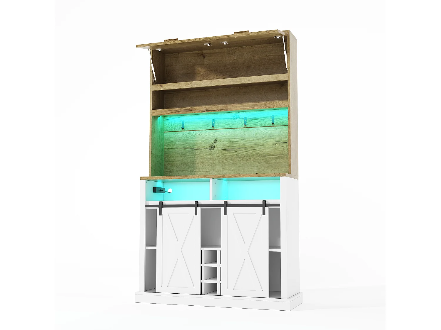High kitchen sideboard with LED lighting, electrical outlet, wine rack and 4 doors - MDF - 110 x 40 x 191 cm - White and natural wood