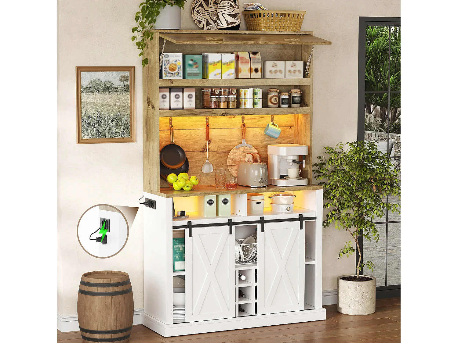 High kitchen sideboard with LED lighting, electrical outlet, wine rack and 4 doors - MDF - 110 x 40 x 191 cm - White and natural wood