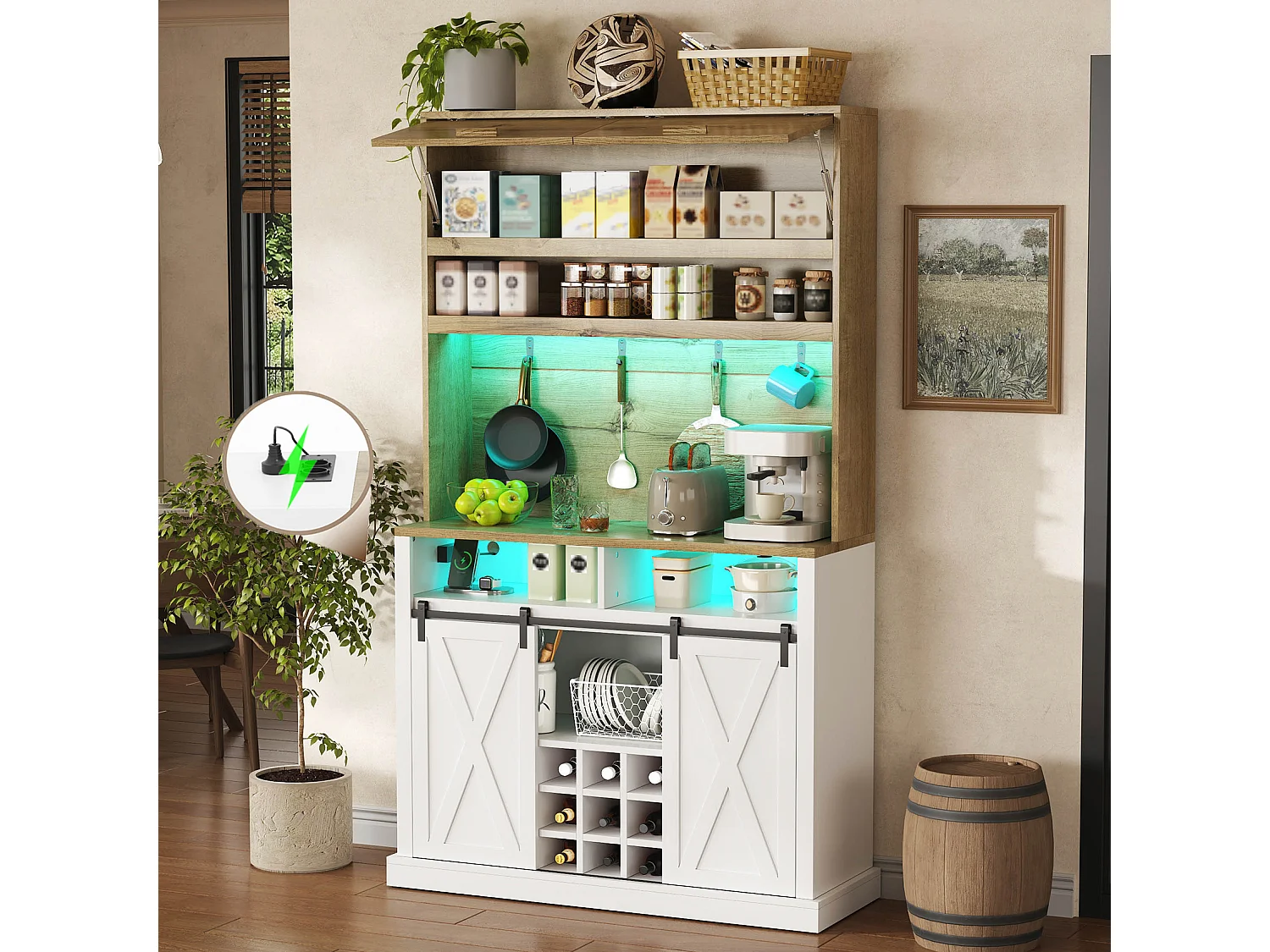 High kitchen sideboard with LED lighting, electrical outlet, wine rack and 4 doors - MDF - 110 x 40 x 191 cm - White and natural wood