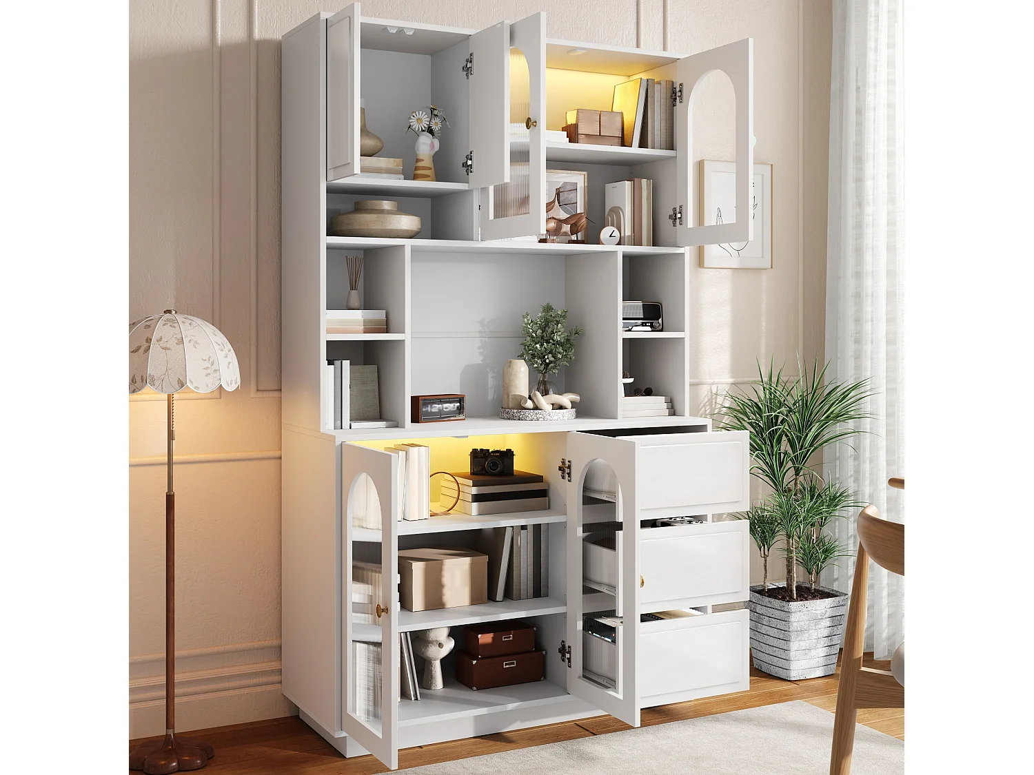 High kitchen sideboard with 6 acrylic glass doors, 3 drawers and LED lighting - MDF - 106 × 30 × 175 cm - White
