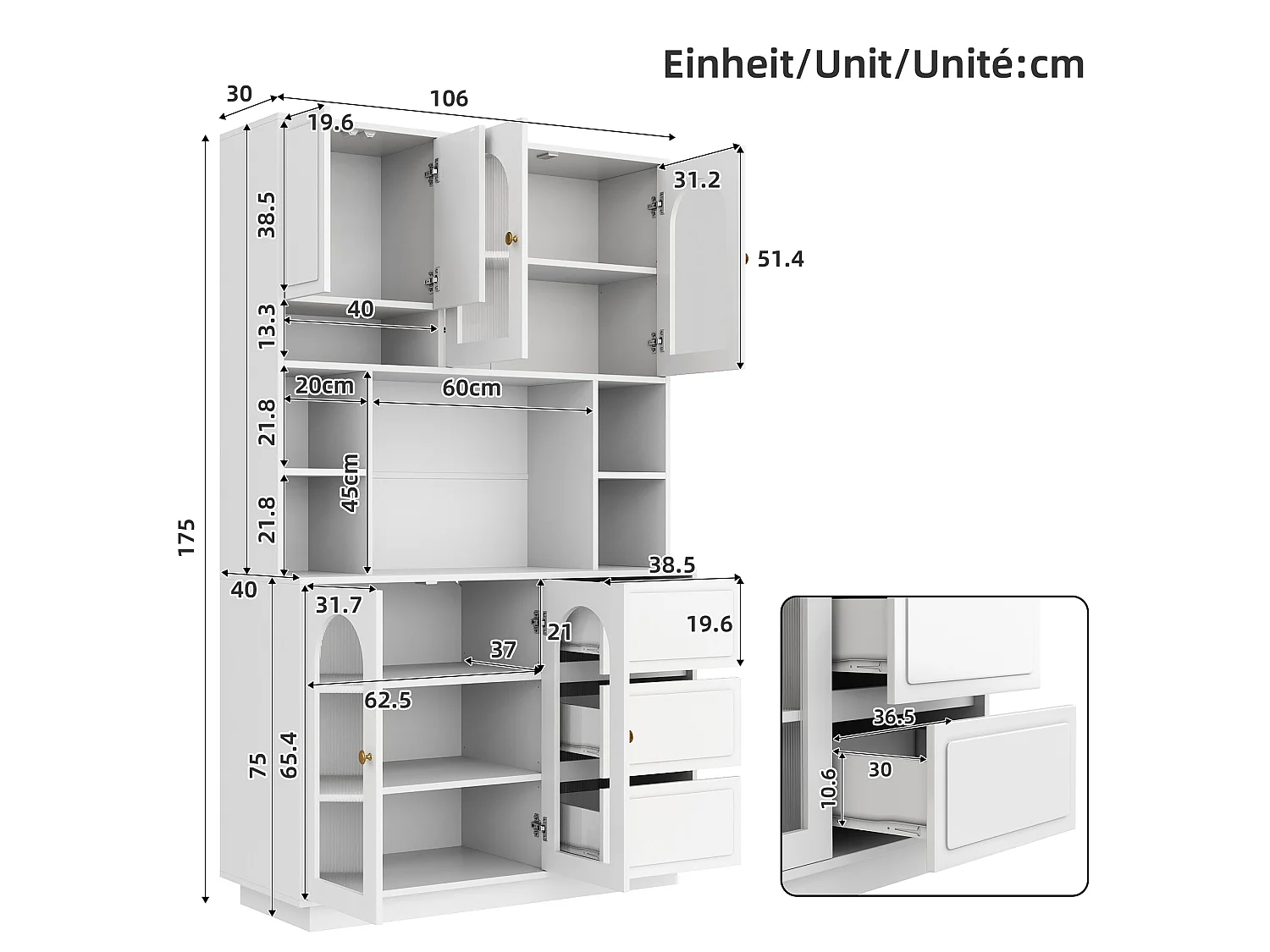 High kitchen sideboard with 6 acrylic glass doors, 3 drawers and LED lighting - MDF - 106 × 30 × 175 cm - White
