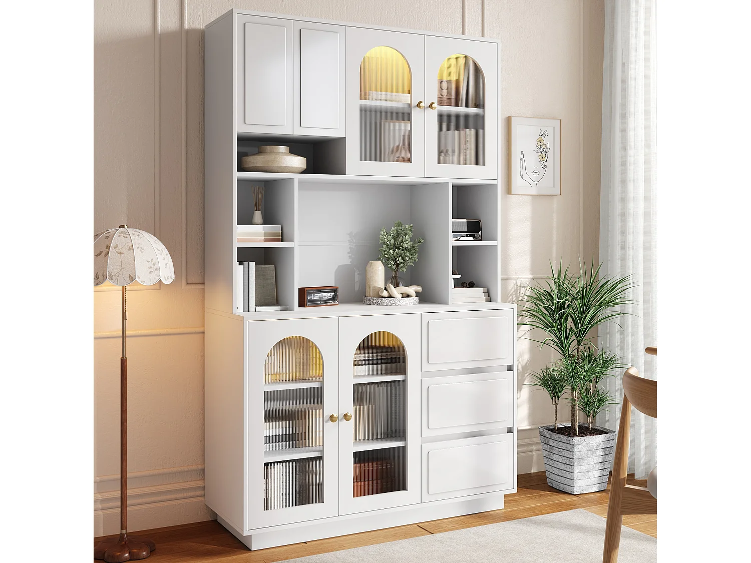 High kitchen sideboard with 6 acrylic glass doors, 3 drawers and LED lighting - MDF - 106 × 30 × 175 cm - White