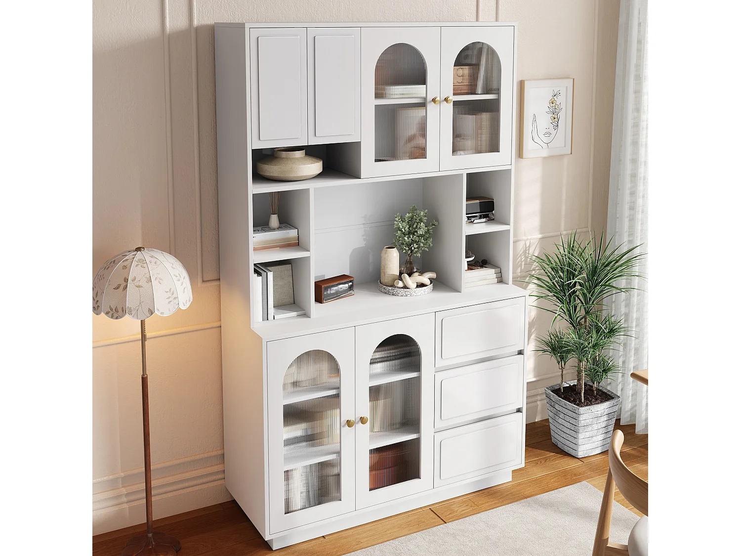 High kitchen sideboard with 6 acrylic glass doors, 3 drawers and LED lighting - MDF - 106 × 30 × 175 cm - White