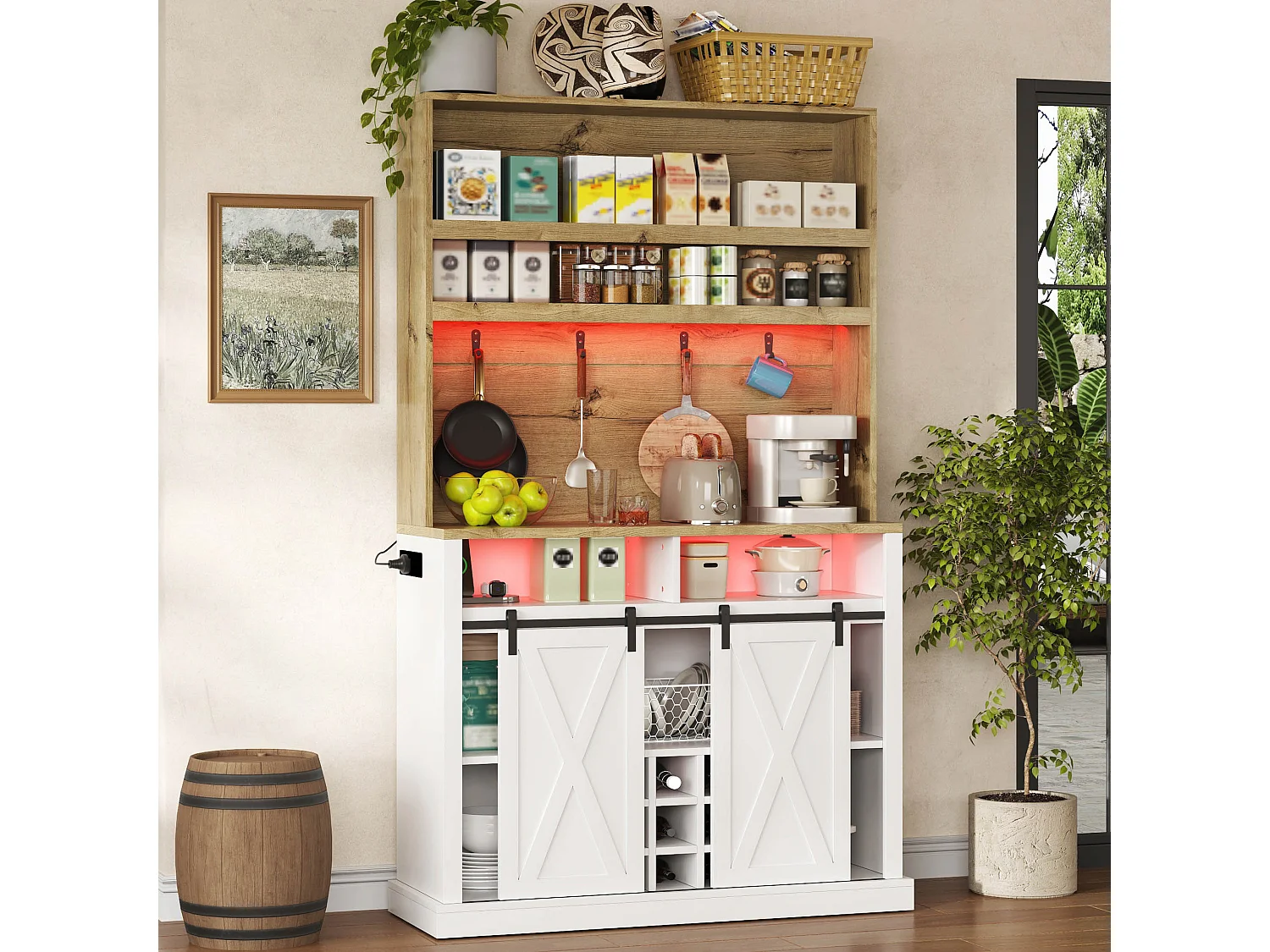 Kitchen sideboard with LED lighting, power outlet, USB ports, wine rack and 2 sliding doors - MDF - 110x40x191 cm - White and natural wood