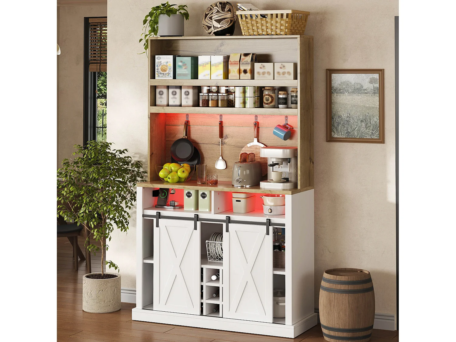 Kitchen sideboard with LED lighting, power outlet, USB ports, wine rack and 2 sliding doors - MDF - 110x40x191 cm - White and natural wood