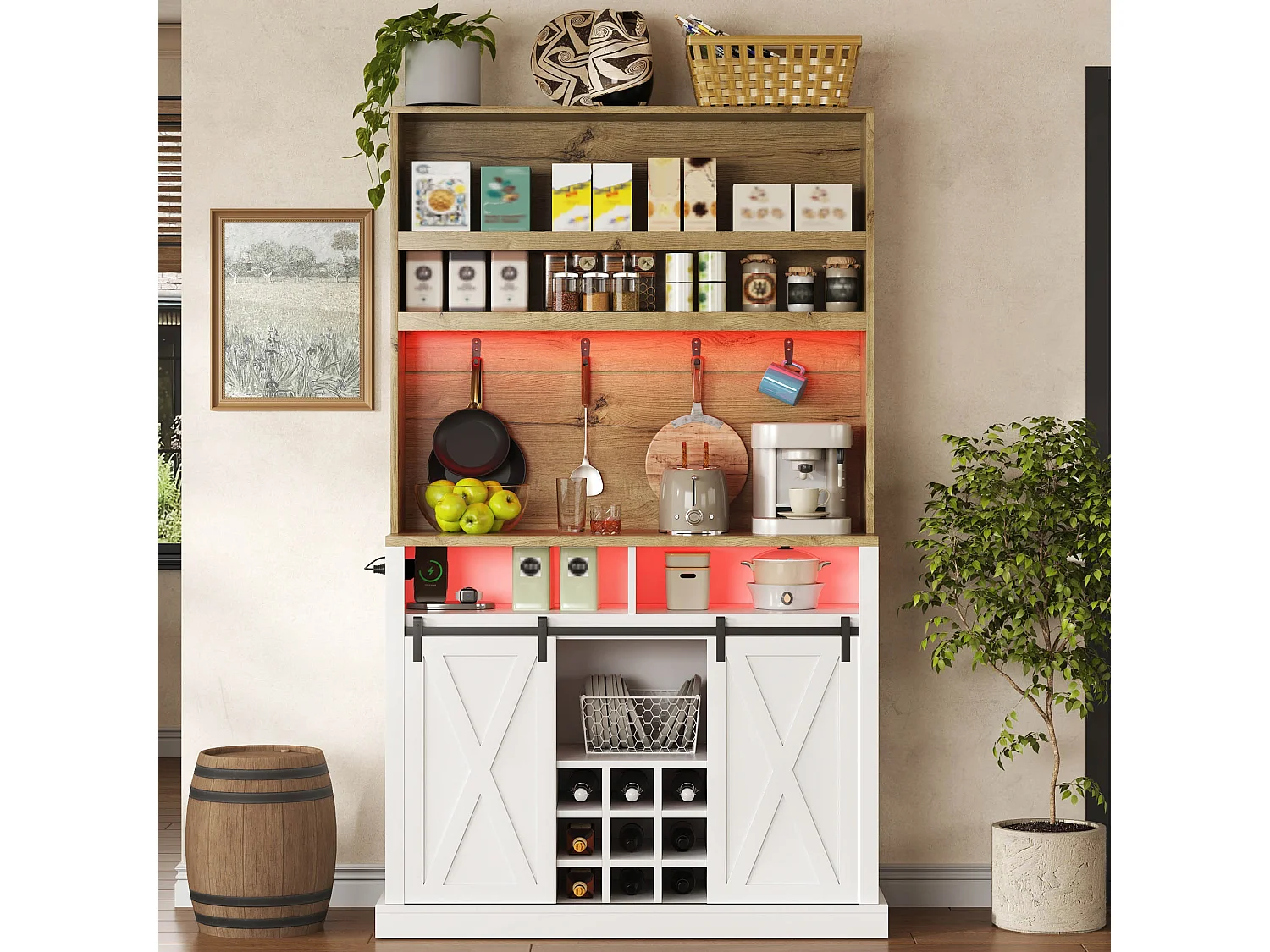 Kitchen sideboard with LED lighting, power outlet, USB ports, wine rack and 2 sliding doors - MDF - 110x40x191 cm - White and natural wood