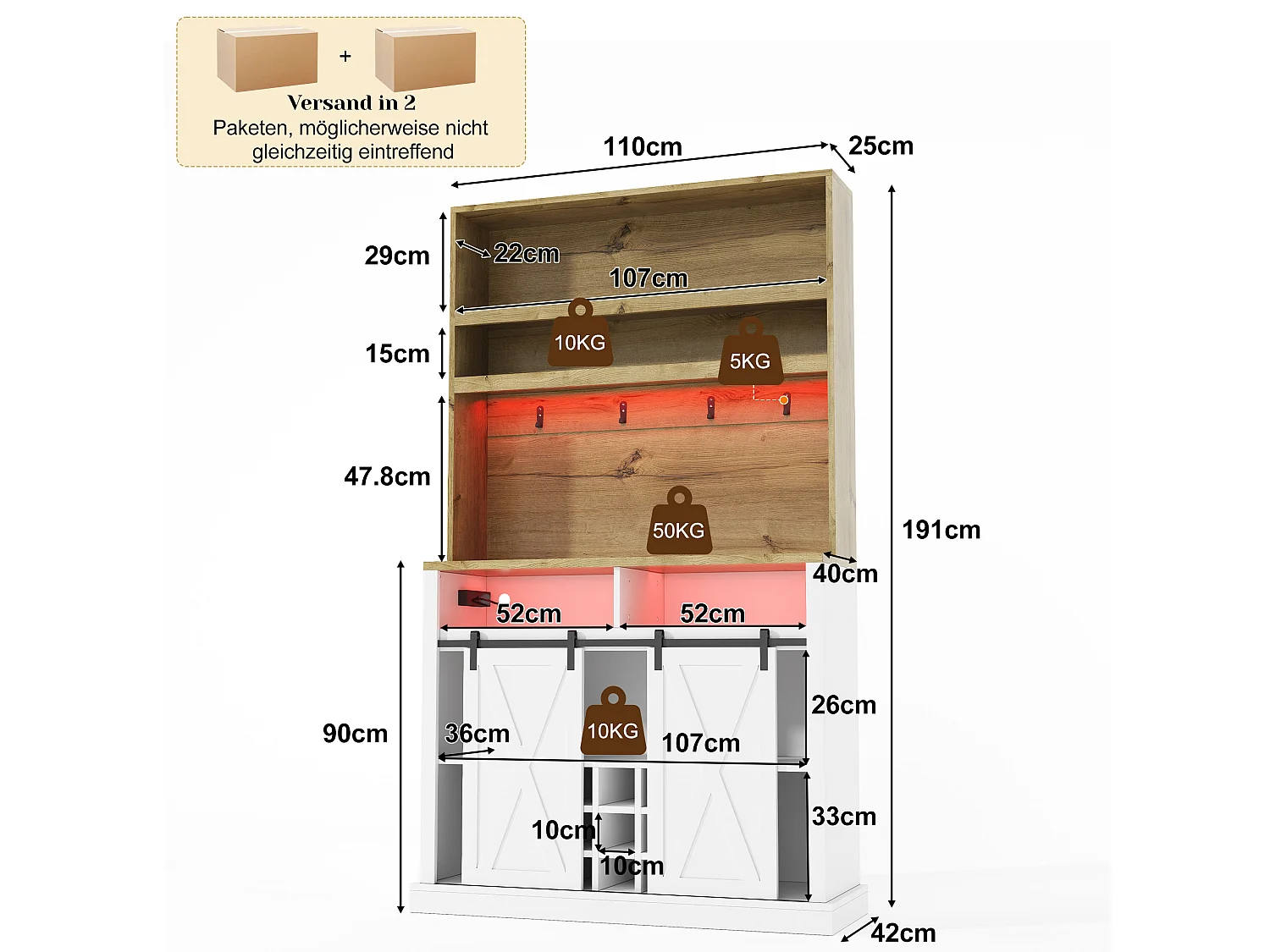 Kitchen sideboard with LED lighting, power outlet, USB ports, wine rack and 2 sliding doors - MDF - 110x40x191 cm - White and natural wood