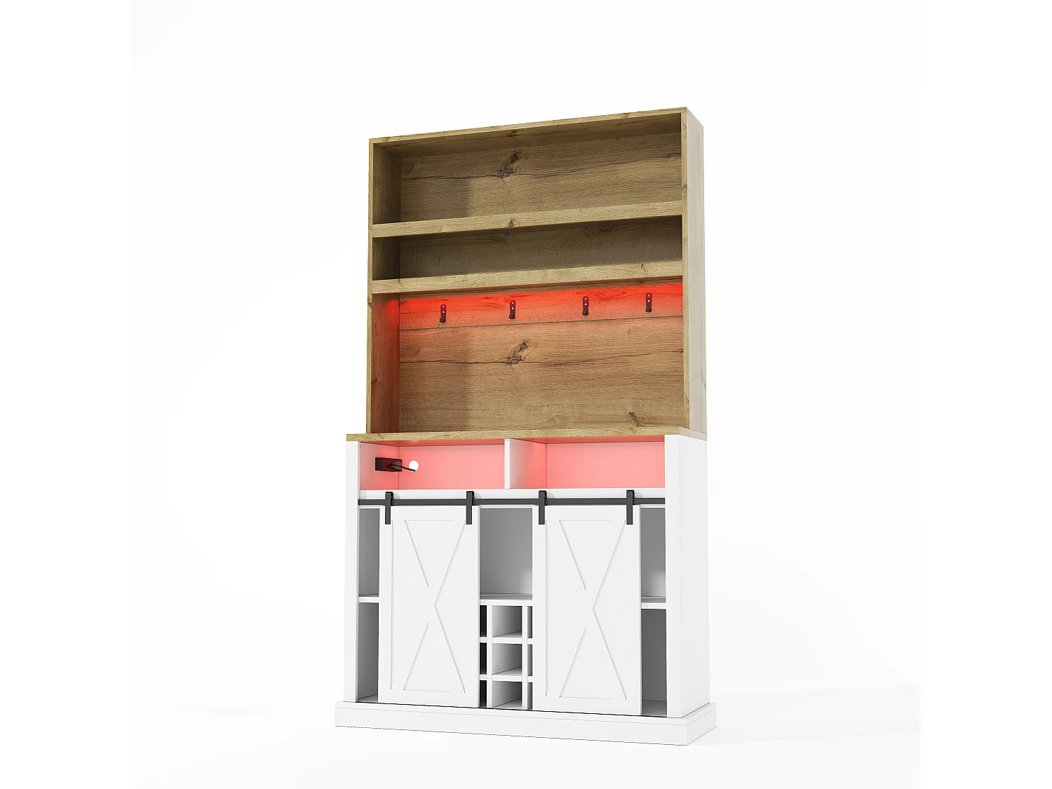 Kitchen sideboard with LED lighting, power outlet, USB ports, wine rack and 2 sliding doors - MDF - 110x40x191 cm - White and natural wood