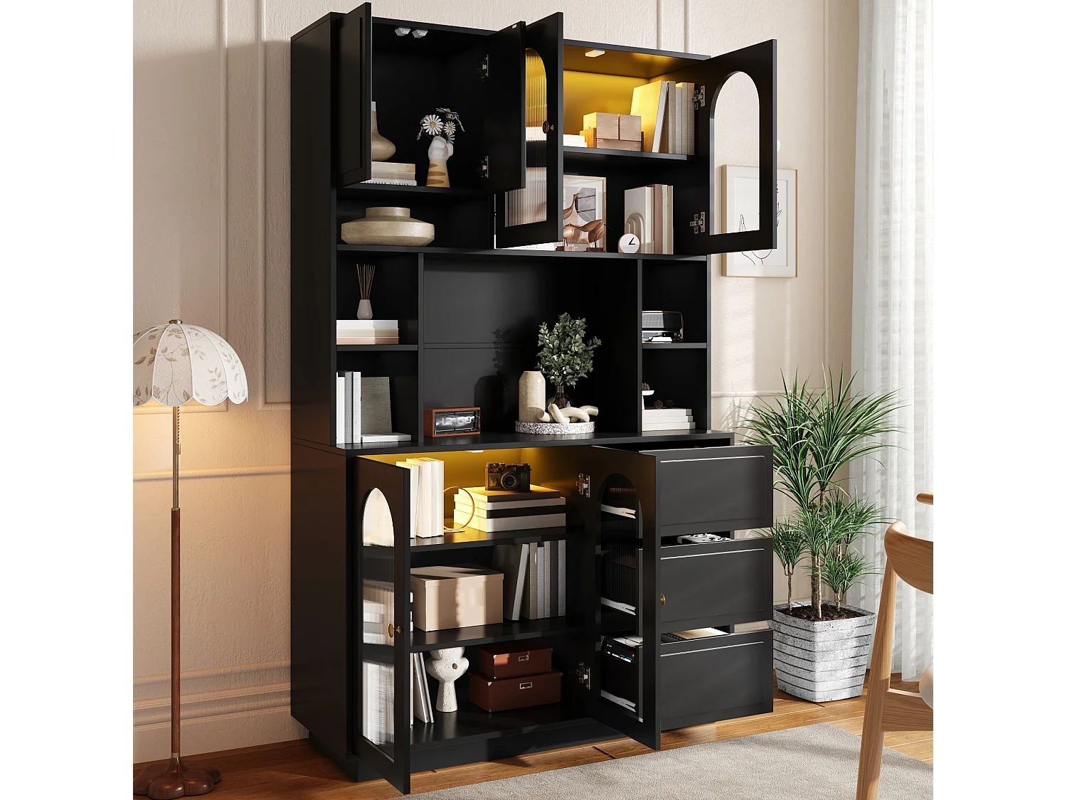 High kitchen sideboard with 6 acrylic glass doors, 3 drawers and LED lighting - MDF - 106 × 30 × 175 cm - Black