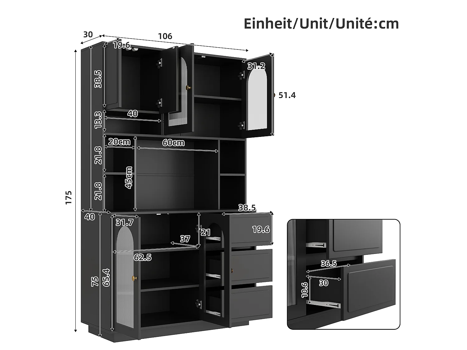 High kitchen sideboard with 6 acrylic glass doors, 3 drawers and LED lighting - MDF - 106 × 30 × 175 cm - Black