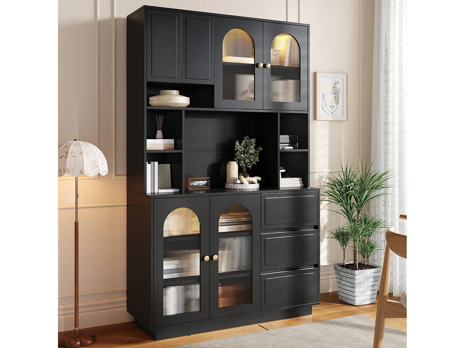 High kitchen sideboard with 6 acrylic glass doors, 3 drawers and LED lighting - MDF - 106 × 30 × 175 cm - Black