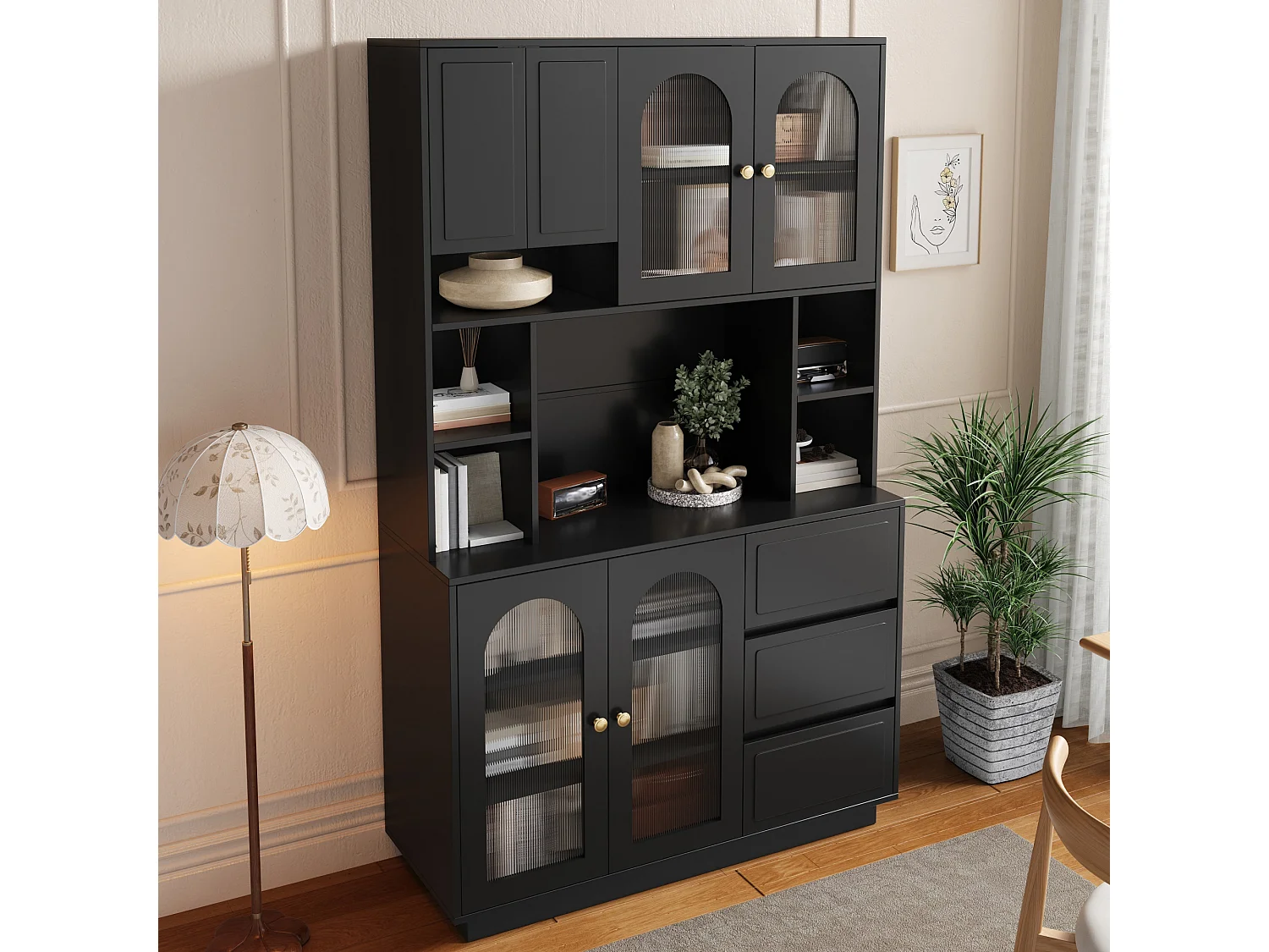 High kitchen sideboard with 6 acrylic glass doors, 3 drawers and LED lighting - MDF - 106 × 30 × 175 cm - Black