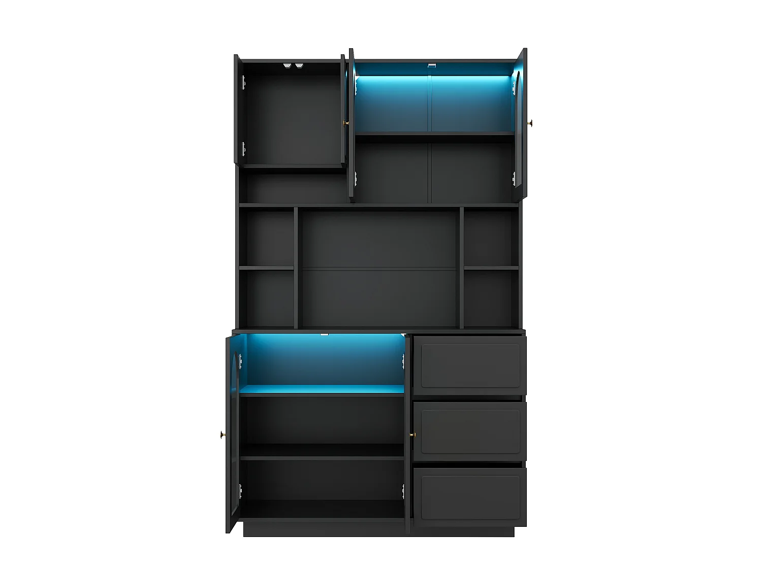 High kitchen sideboard with 6 acrylic glass doors, 3 drawers and LED lighting - MDF - 106 × 30 × 175 cm - Black