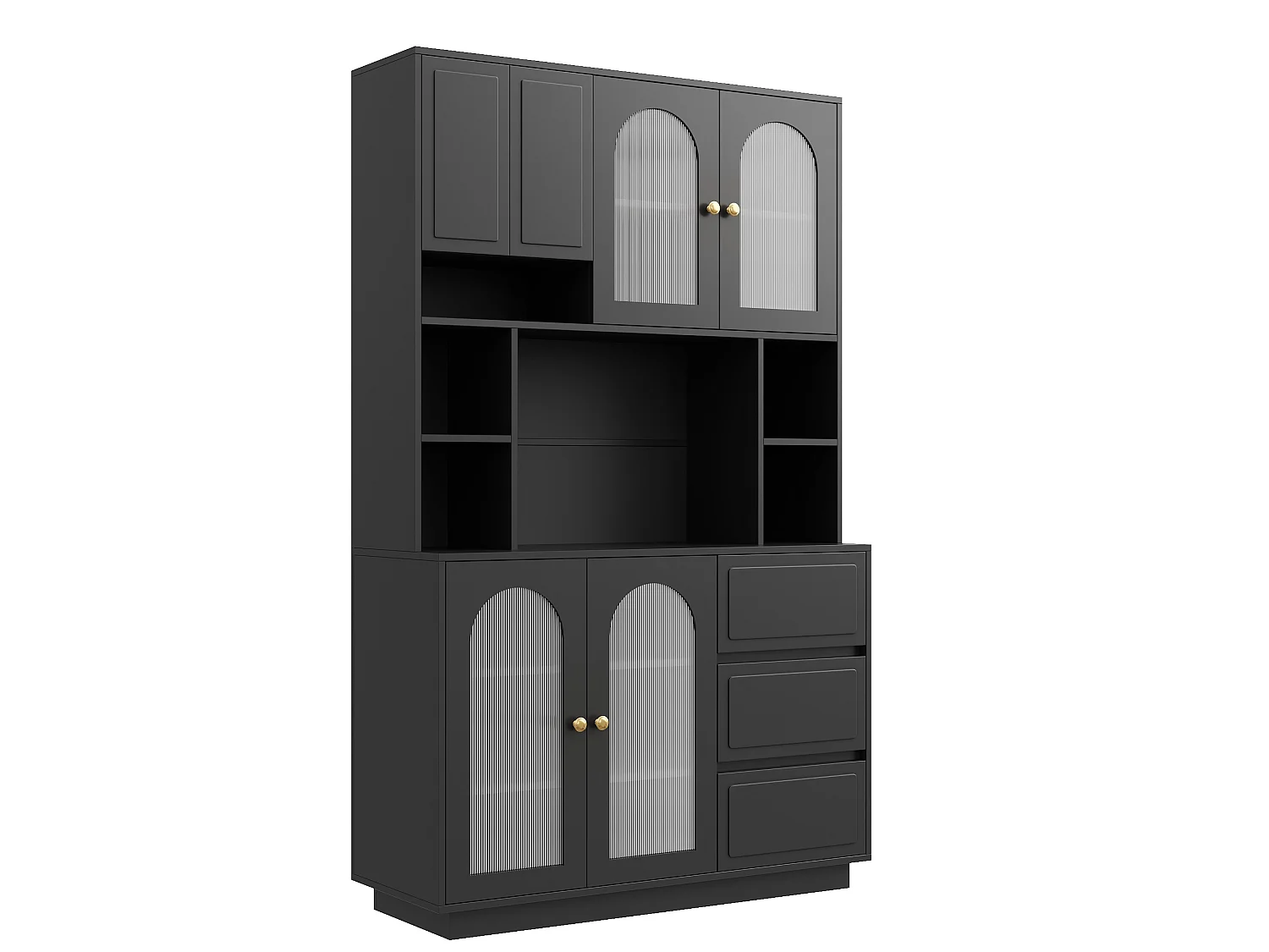 High kitchen sideboard with 6 acrylic glass doors, 3 drawers and LED lighting - MDF - 106 × 30 × 175 cm - Black