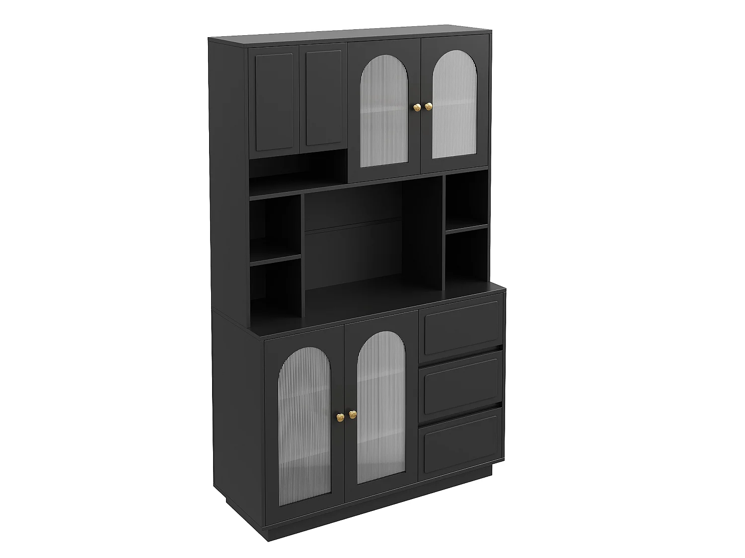 High kitchen sideboard with 6 acrylic glass doors, 3 drawers and LED lighting - MDF - 106 × 30 × 175 cm - Black
