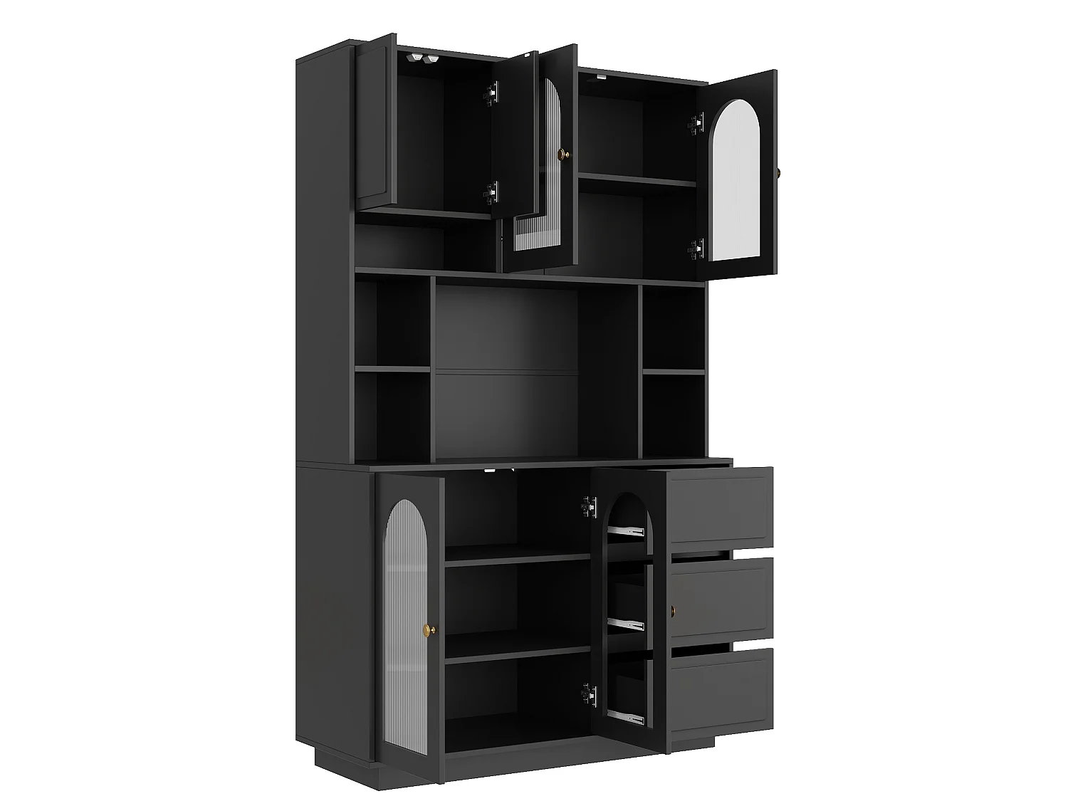 High kitchen sideboard with 6 acrylic glass doors, 3 drawers and LED lighting - MDF - 106 × 30 × 175 cm - Black