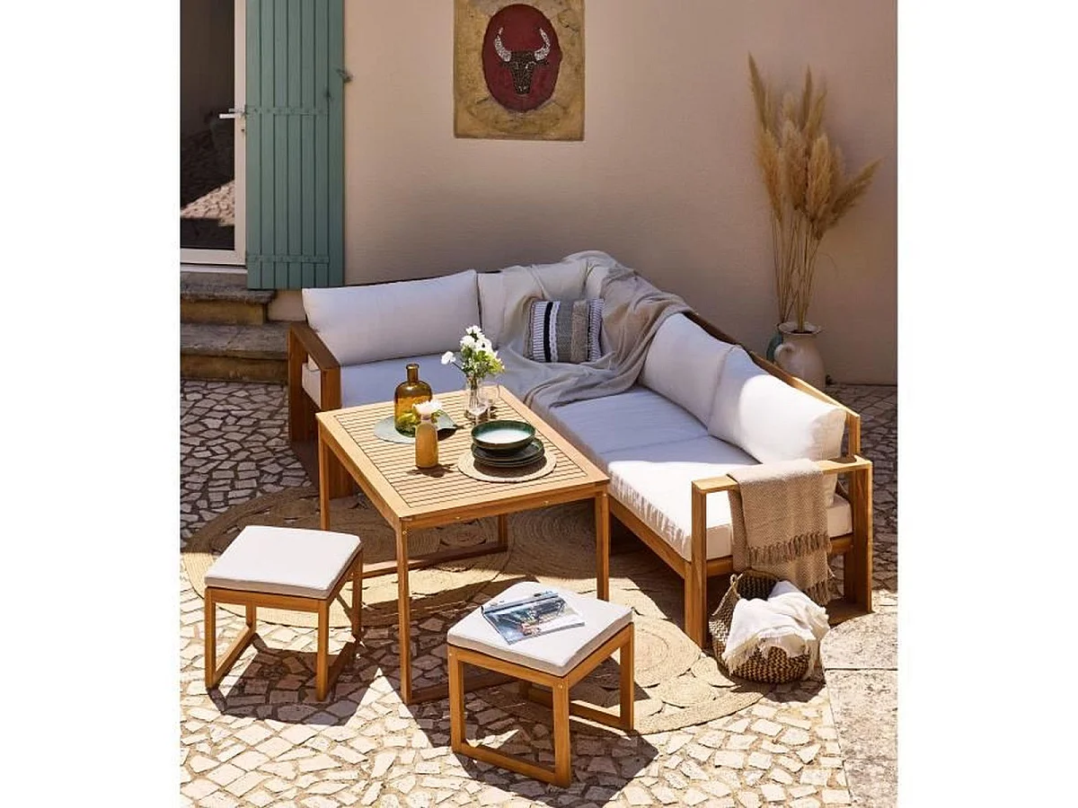 Salon de jardin d'angle modulable BOCARNEA LEVATA DINING 6–7 pers. table 110x80x68 blanc cassé + housse 210D