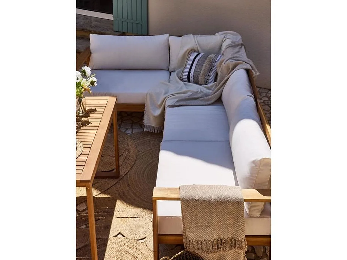 Salon de jardin d'angle modulable BOCARNEA LEVATA DINING 6–7 pers. table 110x80x68 blanc cassé + housse 210D