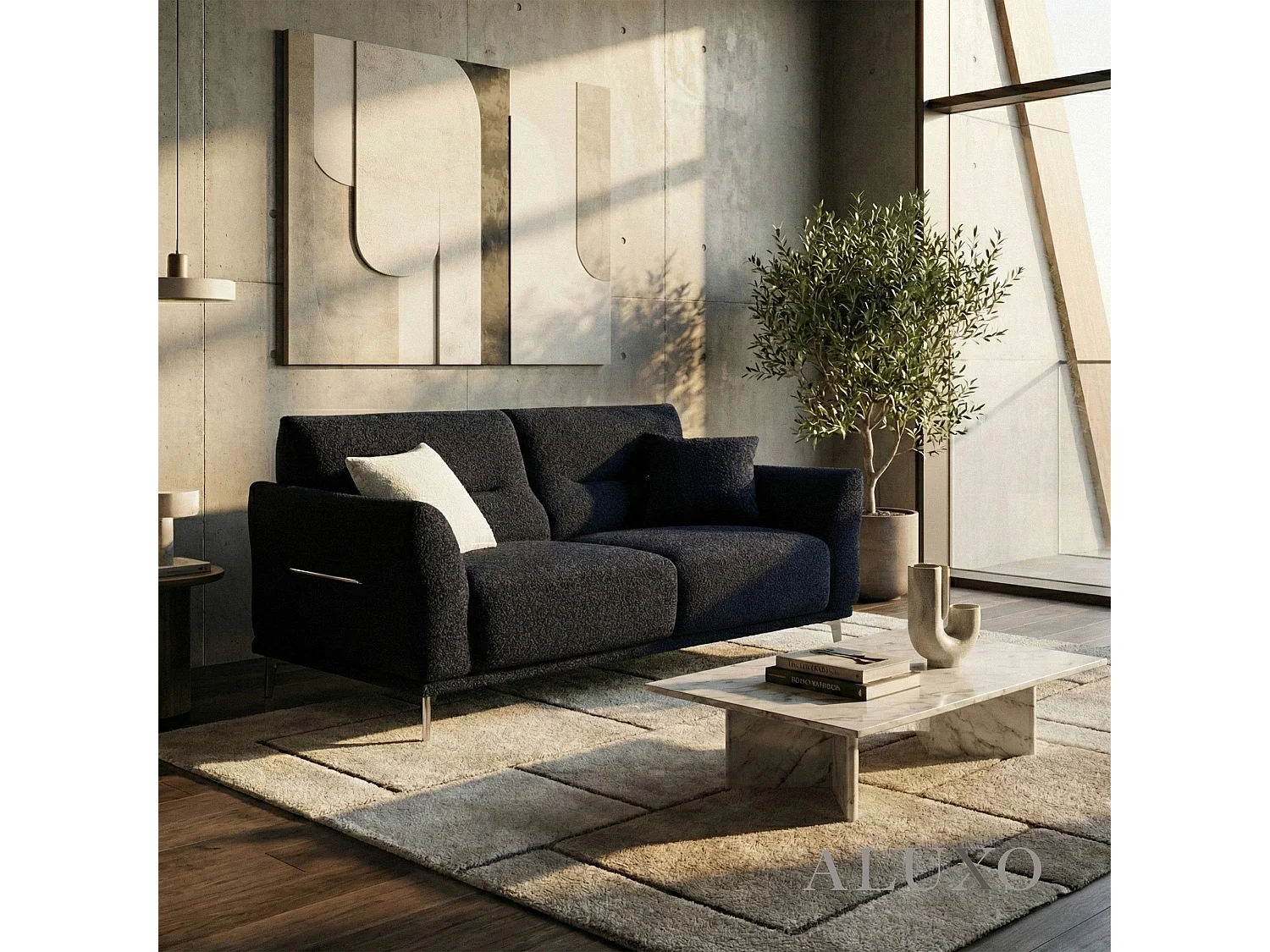 ALUXO Albany Modern 2 Seater Sofa Midnight Black Fabric Boucle Soft Couch Gold Trim