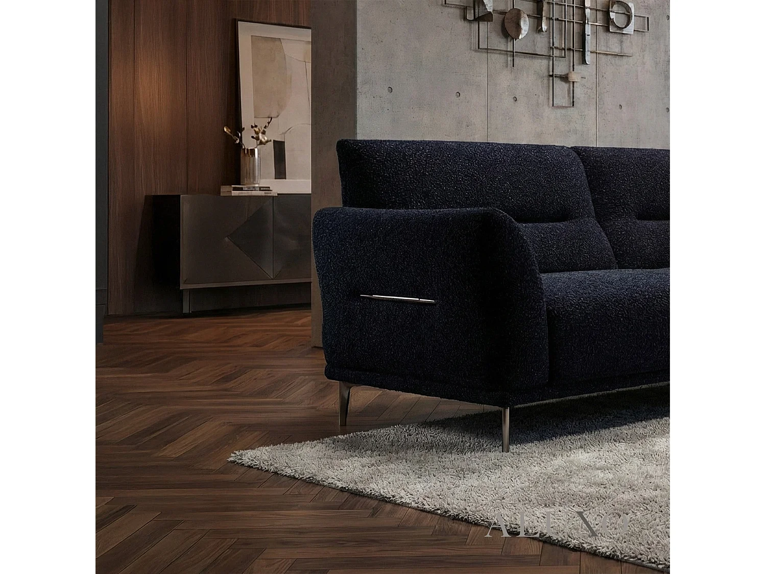 ALUXO Albany Modern 2 Seater Sofa Midnight Black Fabric Boucle Soft Couch Gold Trim