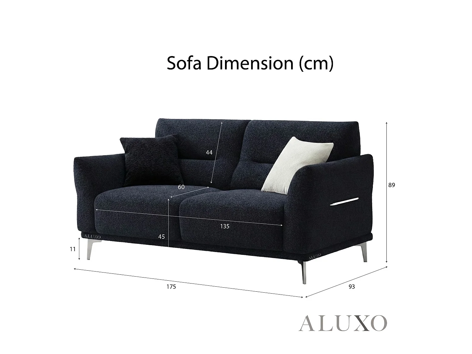 ALUXO Albany Modern 2 Seater Sofa Midnight Black Fabric Boucle Soft Couch Gold Trim