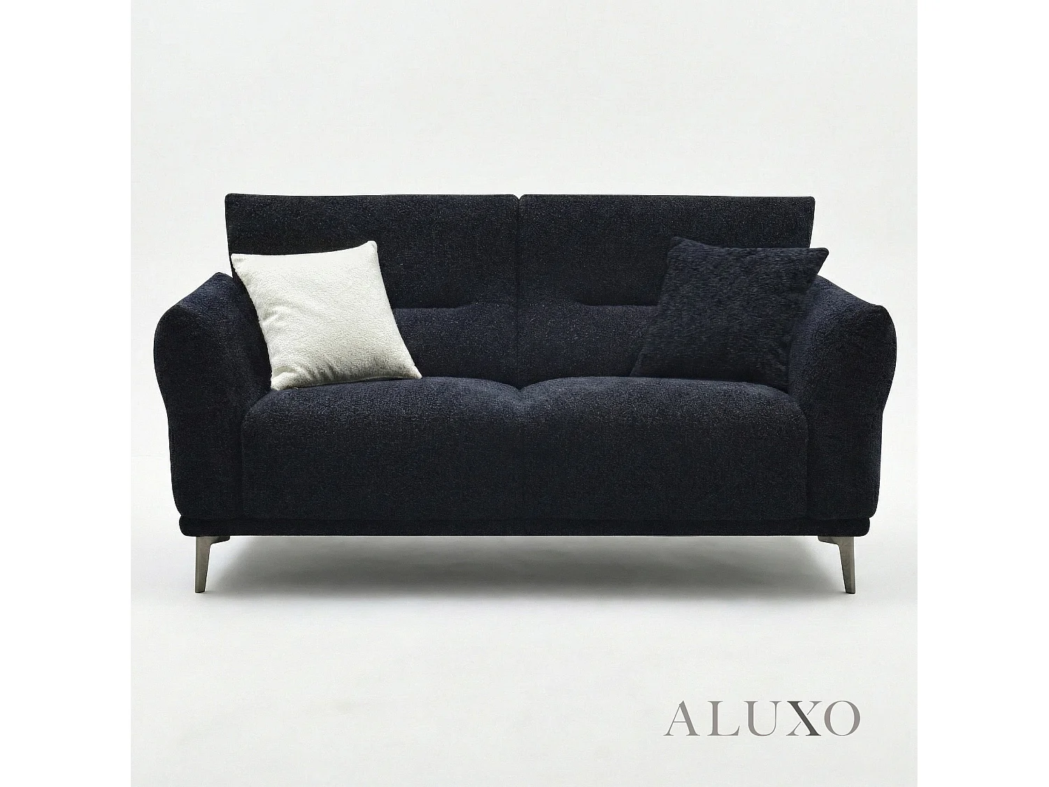 ALUXO Albany Modern 2 Seater Sofa Midnight Black Fabric Boucle Soft Couch Gold Trim