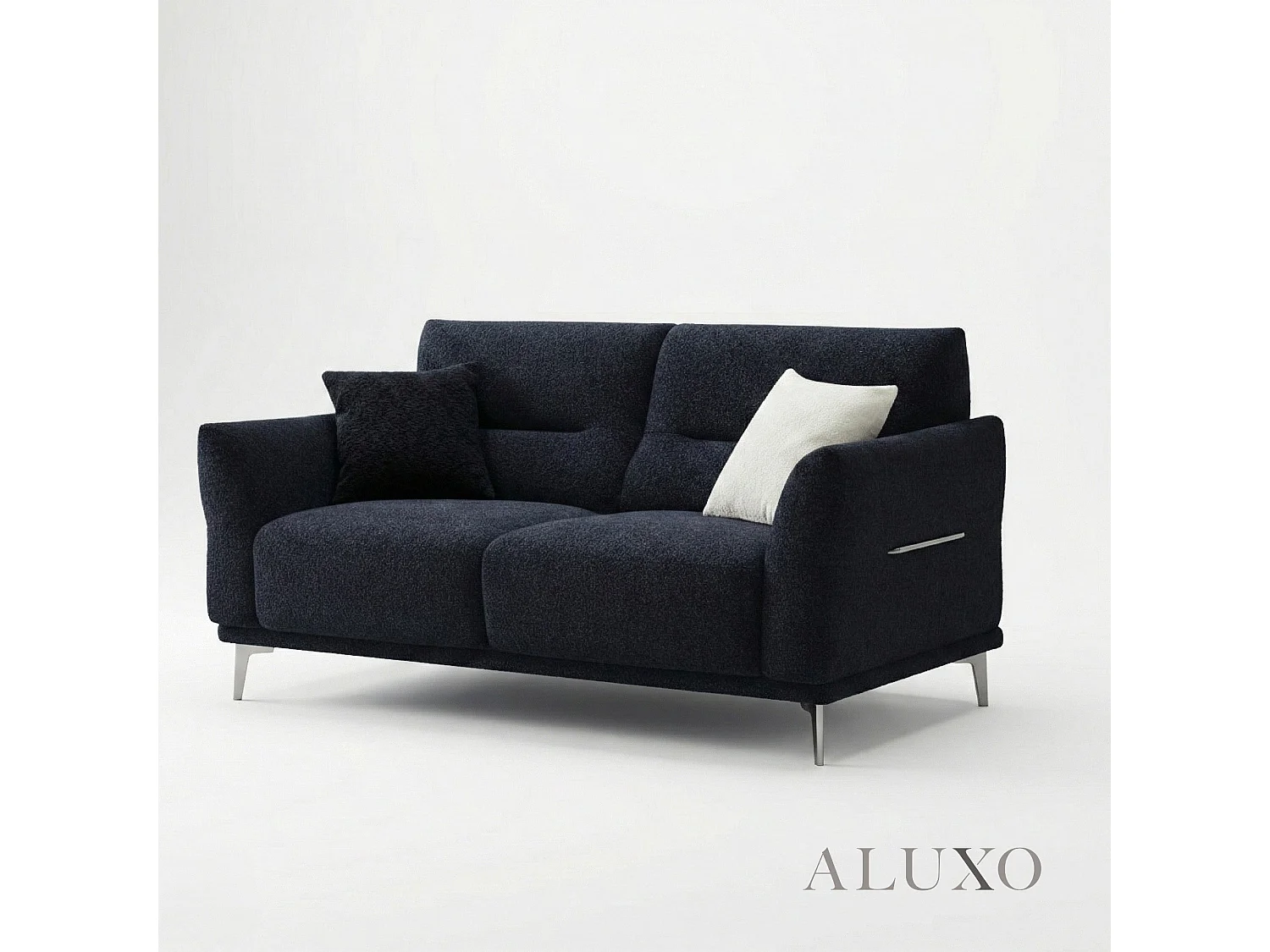 ALUXO Albany Modern 2 Seater Sofa Midnight Black Fabric Boucle Soft Couch Gold Trim