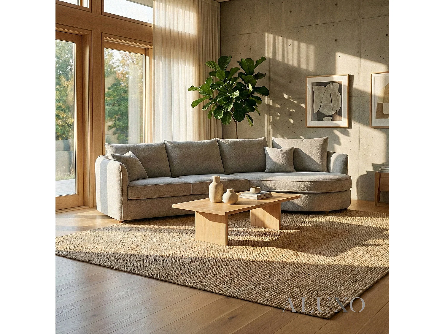 ALUXO Rubin Boucle Right Hand Corner Sofa Pebble Grey 3-4 Seater Curved Island