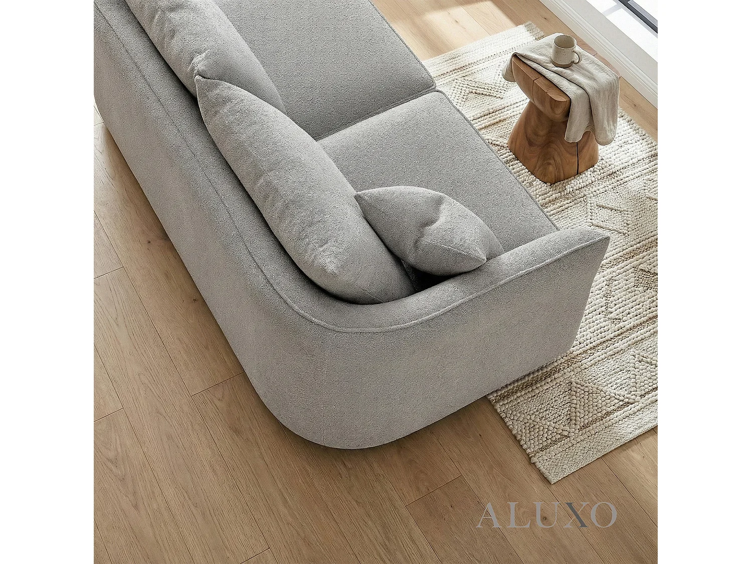 ALUXO Rubin Boucle Right Hand Corner Sofa Pebble Grey 3-4 Seater Curved Island