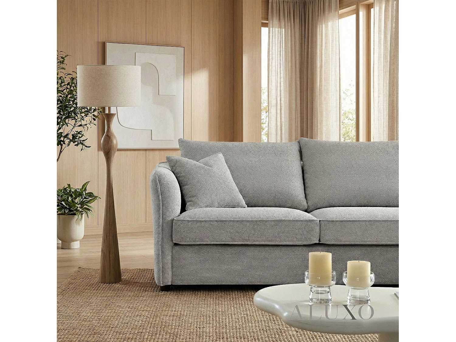 ALUXO Rubin Boucle Right Hand Corner Sofa Pebble Grey 3-4 Seater Curved Island