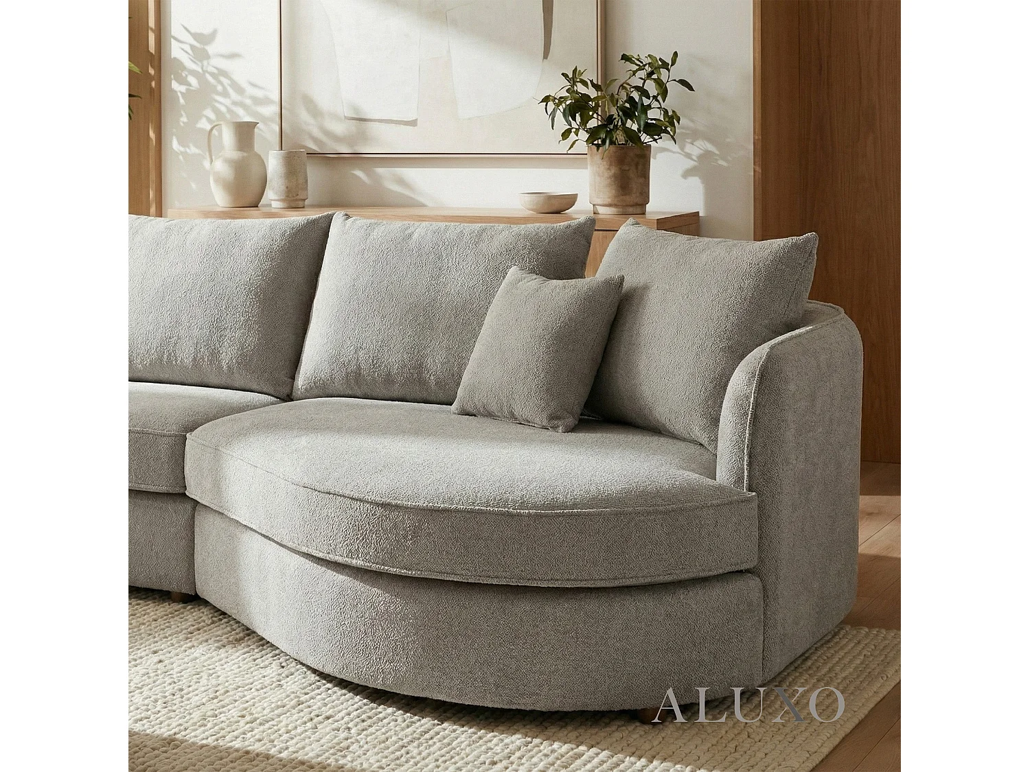 ALUXO Rubin Boucle Right Hand Corner Sofa Pebble Grey 3-4 Seater Curved Island