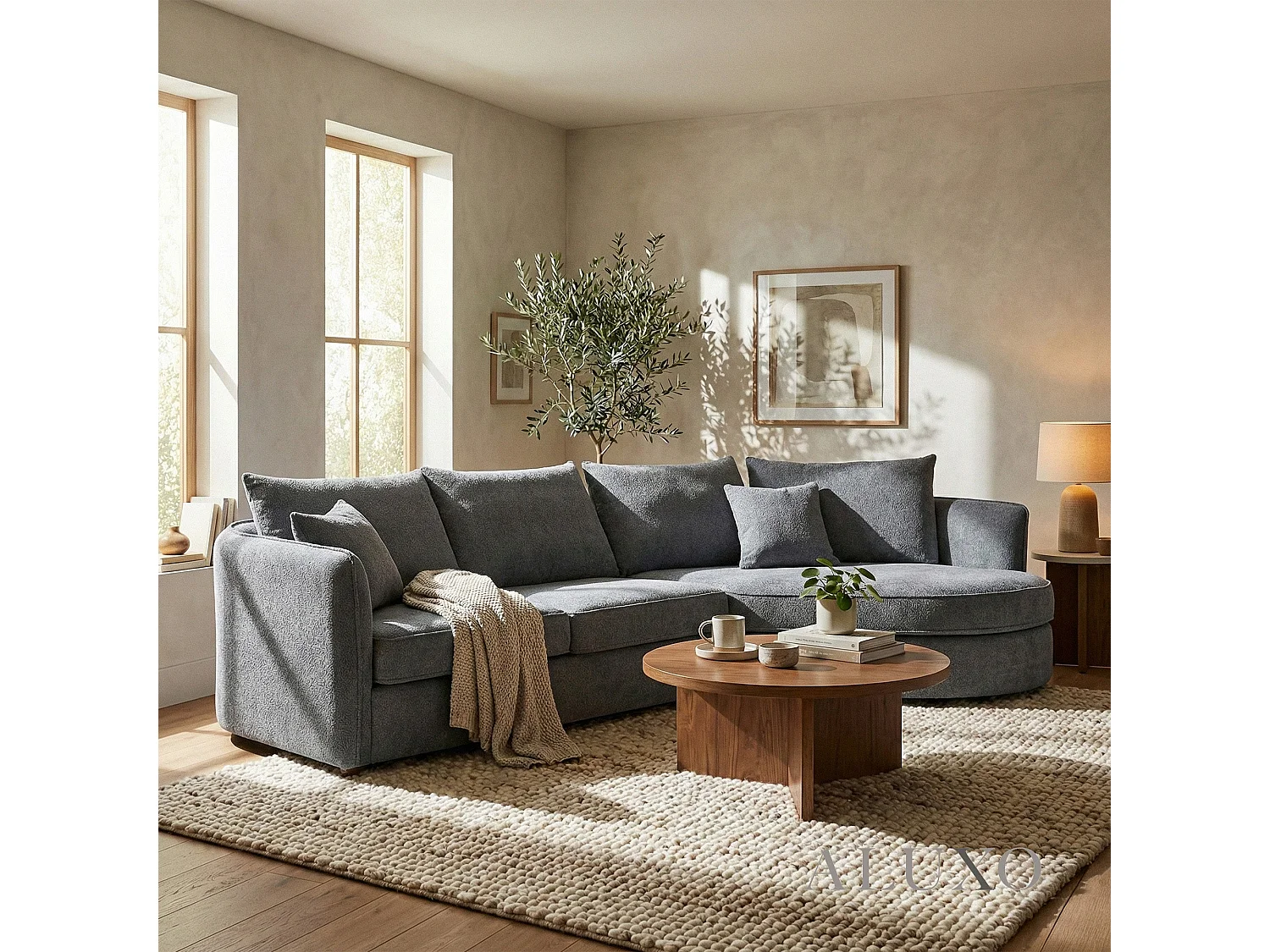 ALUXO Rubin Boucle Right Hand Corner Sofa Charcoal Grey 4 Seater Curved Island