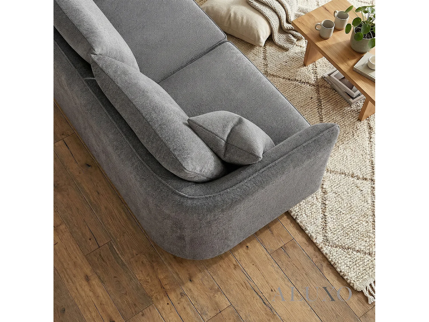ALUXO Rubin Boucle Right Hand Corner Sofa Charcoal Grey 4 Seater Curved Island