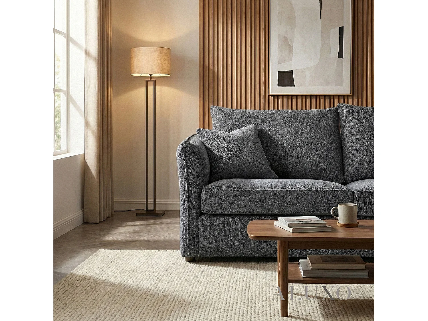 ALUXO Rubin Boucle Right Hand Corner Sofa Charcoal Grey 4 Seater Curved Island