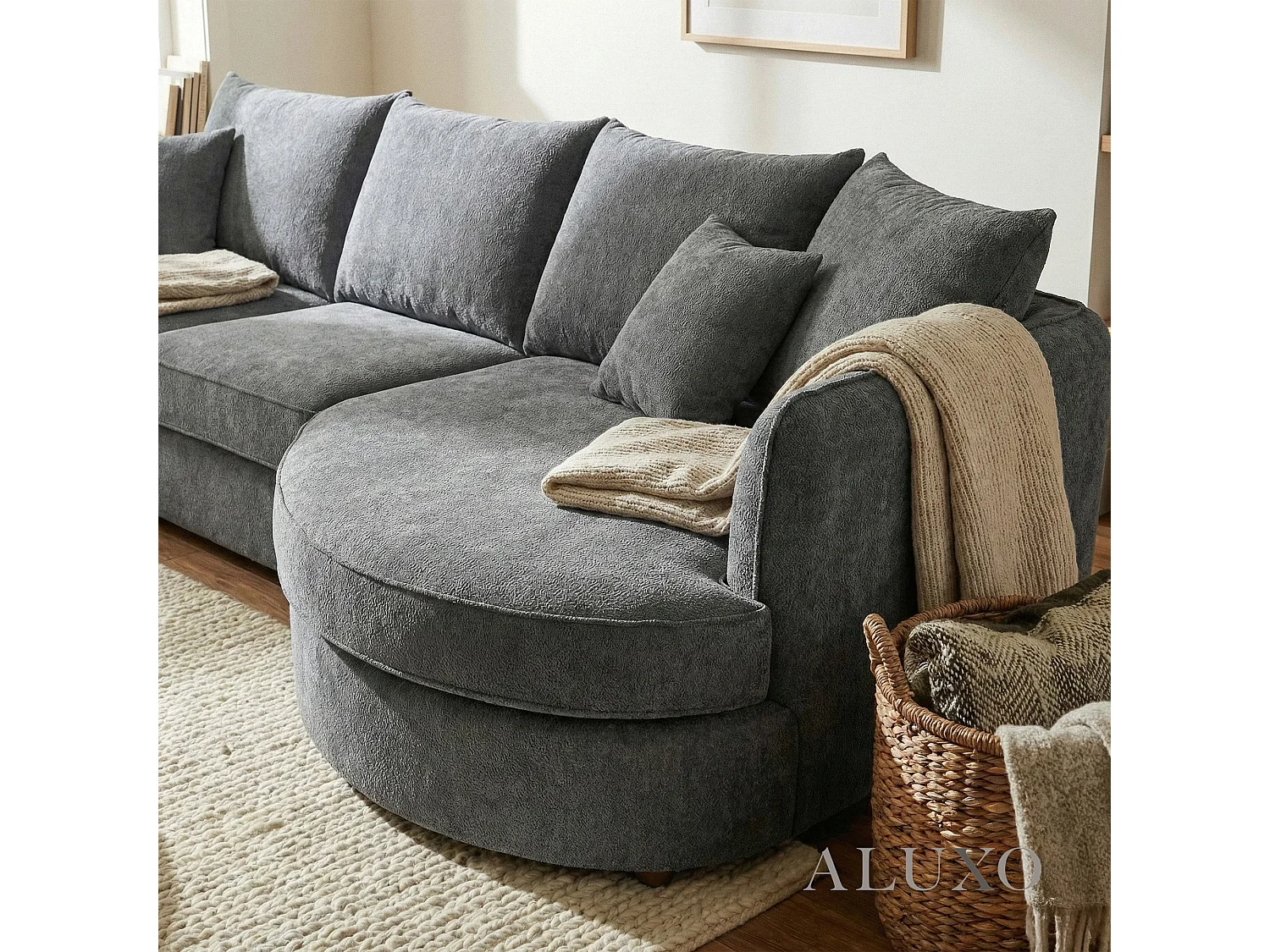ALUXO Rubin Boucle Right Hand Corner Sofa Charcoal Grey 4 Seater Curved Island