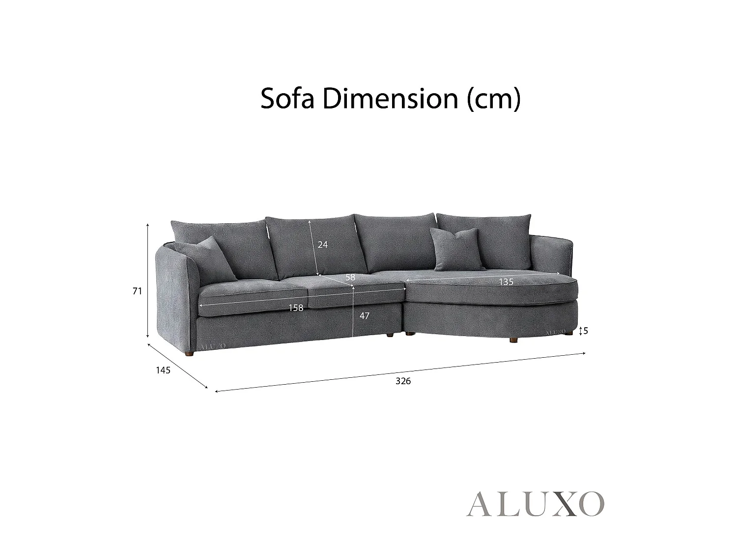 ALUXO Rubin Boucle Right Hand Corner Sofa Charcoal Grey 4 Seater Curved Island