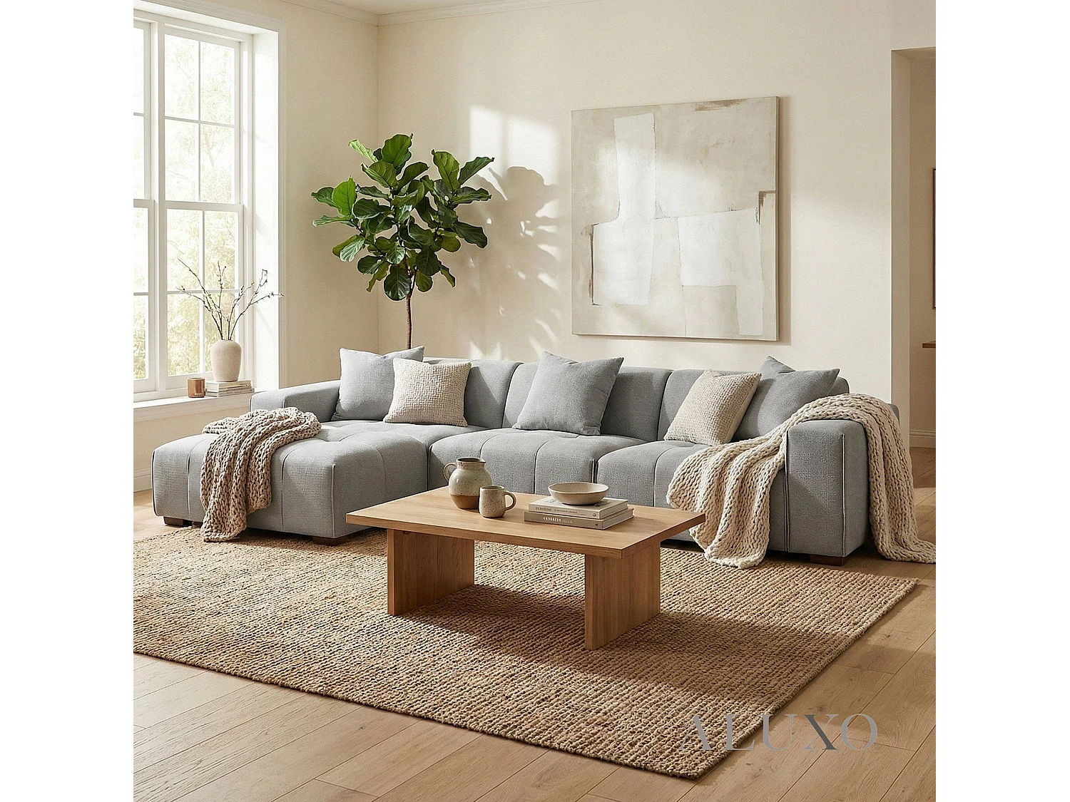ALUXO Leonard Boucle Left Hand Corner Sofa LHF L Shape Cloudy Grey Medium Block